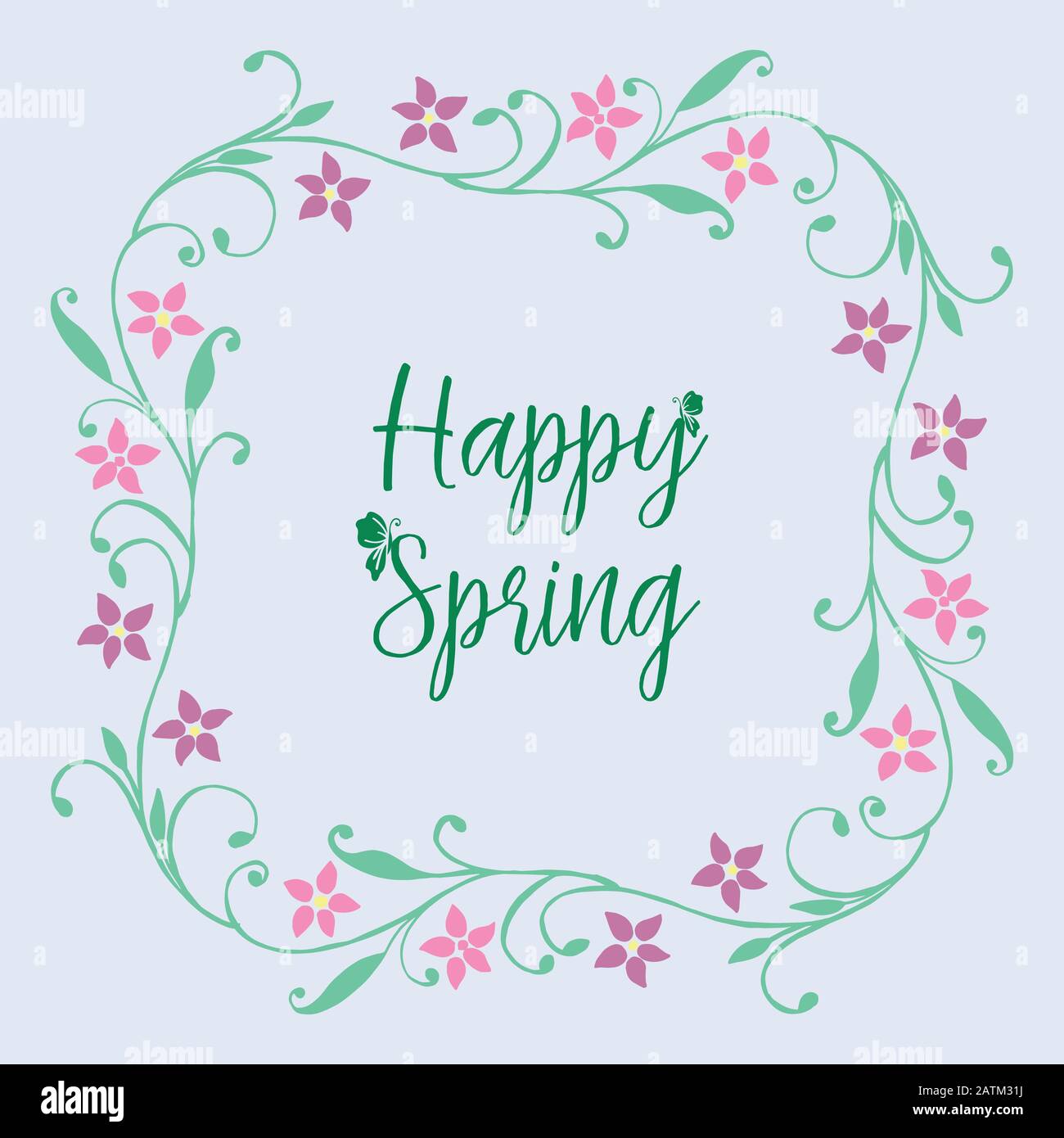 Happy spring greeting card design, with seamless leaf and floral frame ...