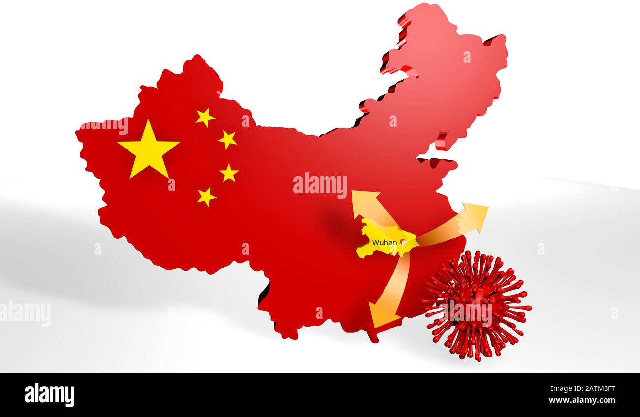 Three-dimensional map of China with the colors of the flag and Hubei province highlighted with arrows coming out of Wuhan and a red virus with legs ne Stock Photo