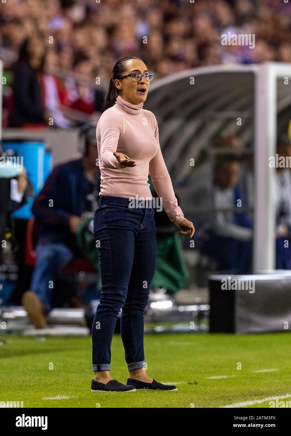 Houston, Texas, USA. 03rd Feb, 2020. Costa Rica Women's Olympic head coach Amelia  Valverde reacts on the sideline in the first half during the CONCACAF Group  A Women's Olympic Qualifying match against