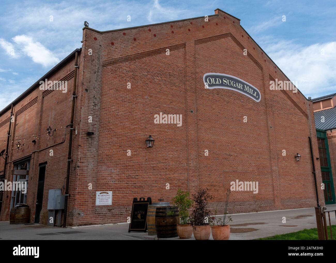 Clarksburg, CA, Jan 12, 2020.  The Old Sugar Mill, originally a beet sugar refinery, now hosts wineries offering varietals from all over Northern Cali Stock Photo