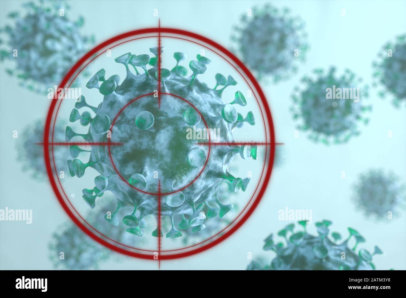Dispersed corona viruses with aiming target, 3d rendering. Computer digital drawing Stock Photo