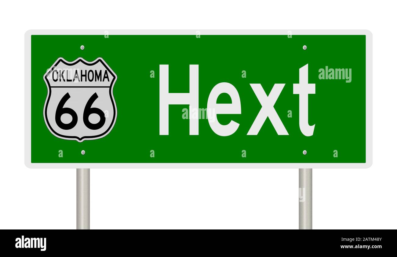 Rendering of a green 3d highway sign for Hext Oklahoma on Route 66 ...