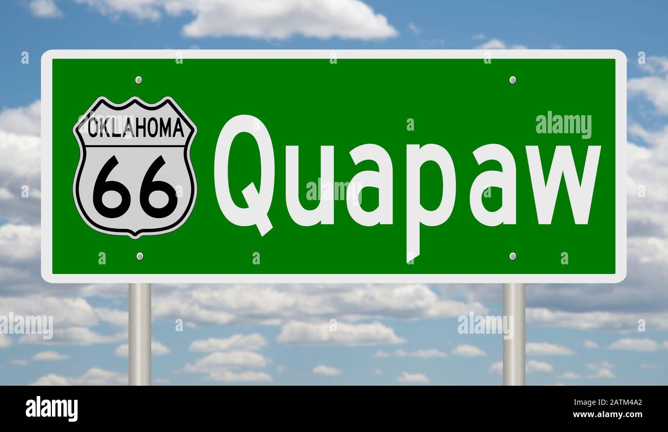 Rendering of a green 3d highway sign for Quapaw Oklahoma on Route 66