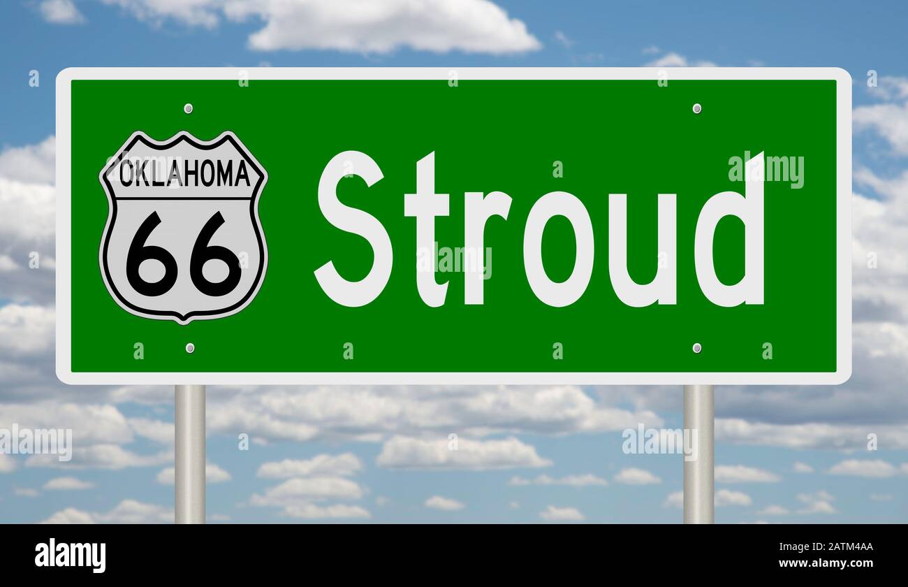 Rendering of a green 3d highway sign for Stroud Oklahoma on Route 66