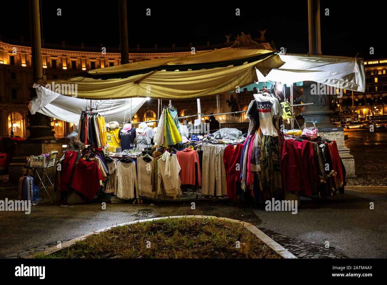 Clothes Market on the street, at night in Piazza della Repubblica Rome Italy. Stock Photo