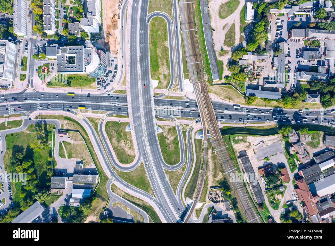 busy highway road intersection. highway interchange with traffic ...