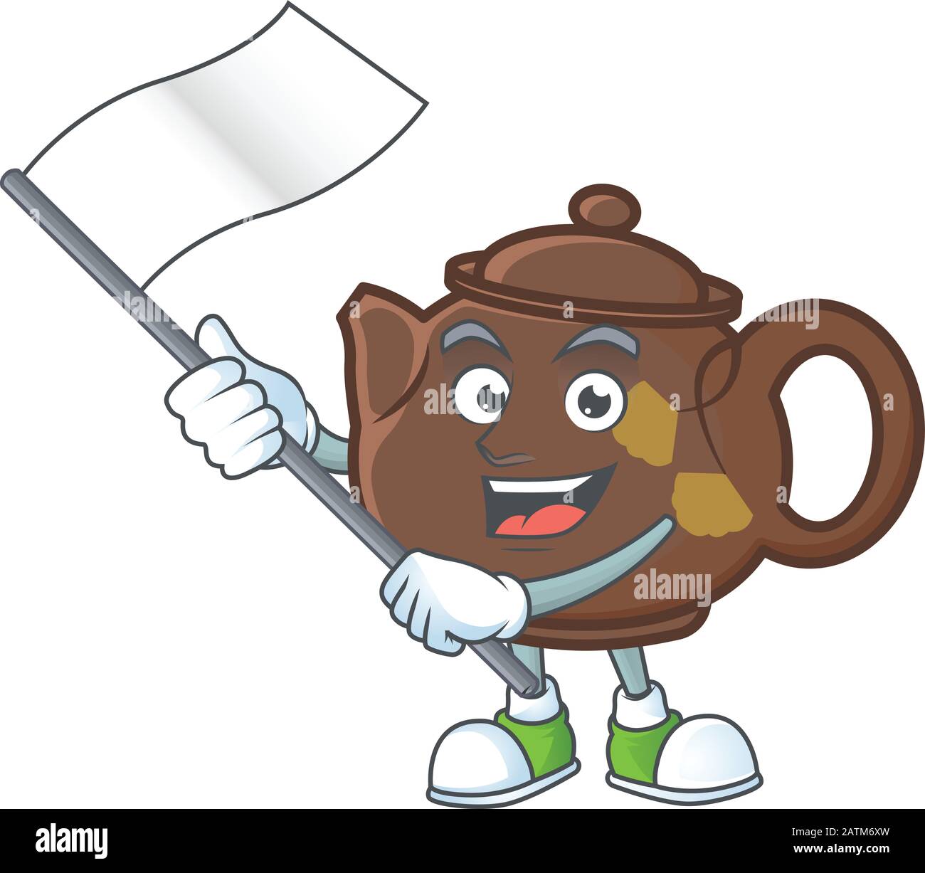 Funny teapot cartoon character style holding a standing flag Stock ...