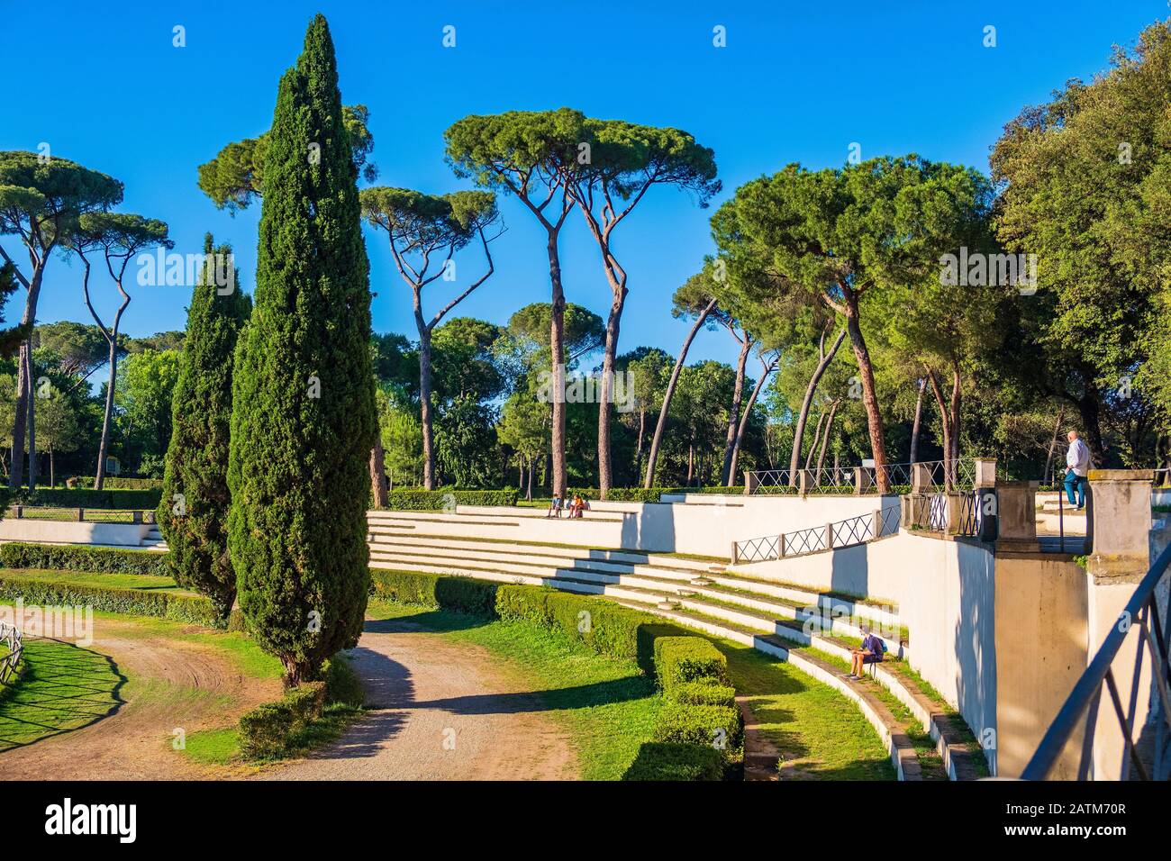 Rome, Italy - 2019/06/16: Piazza di Siena square, wide arena and outdoor park, within the Villa Borghese park complex in the historic quarter Pinciano Stock Photo