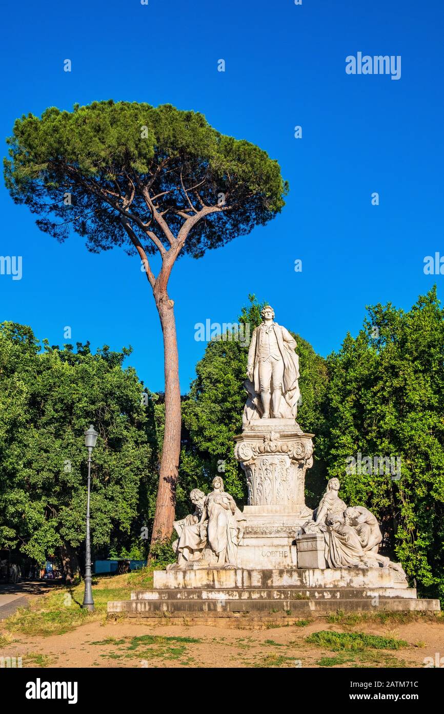Rome, Italy - 2019/06/16: Wolfgang Goethe monument by Valentino Casali at the Piazza di Siena square within the Villa Borghese park complex in the his Stock Photo