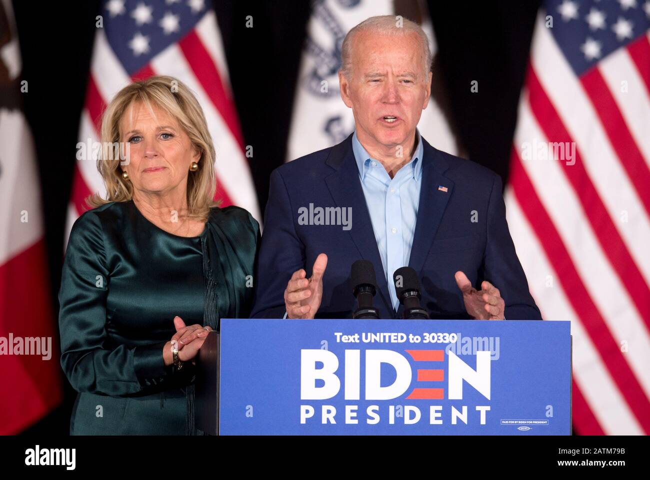 Des Moines, Iowa, USA. 03rd Feb, 2020. With Dr. JILL BIDEN at his side, former Vice President and Democratic presidential candidate JOE BIDEN speaks at Drake University. Finals results from the Iowa caucuses were delayed and not released at the time of his remarks. Credit: Brian Cahn/ZUMA Wire/Alamy Live News Stock Photo