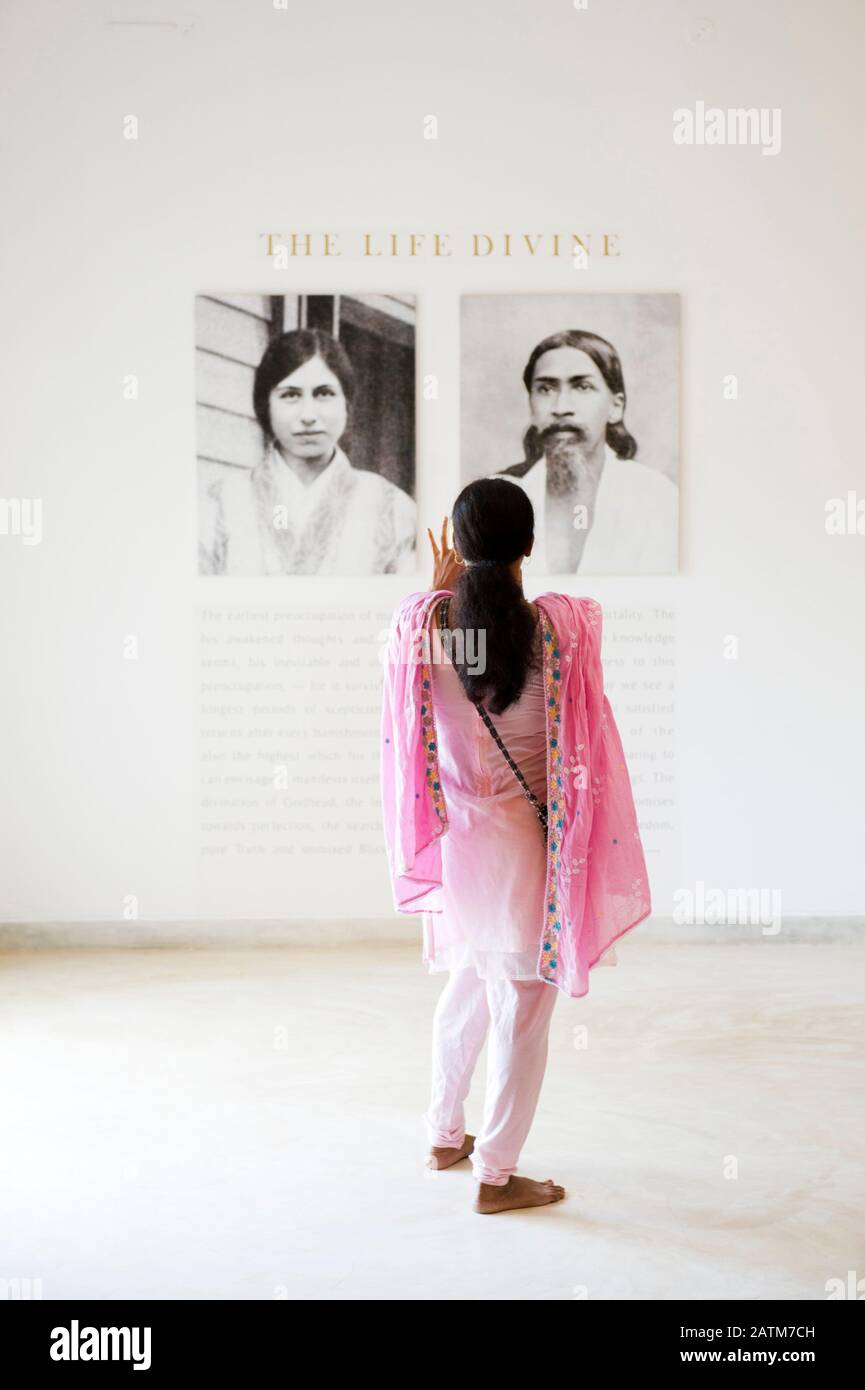 AUROVILLE, INDIA - The portraits of Sri Aurobindo and Mére in an exhibition at Visitors Centre Stock Photo