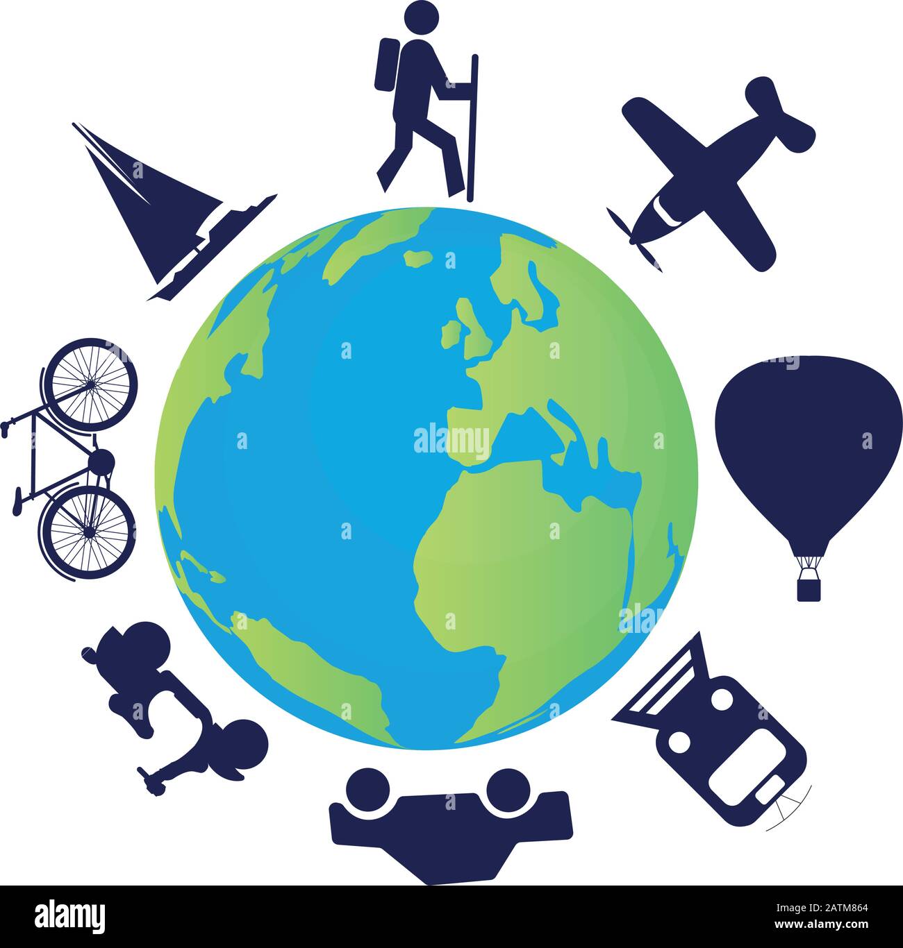 Means of transportation used to travel around the world Stock Vector