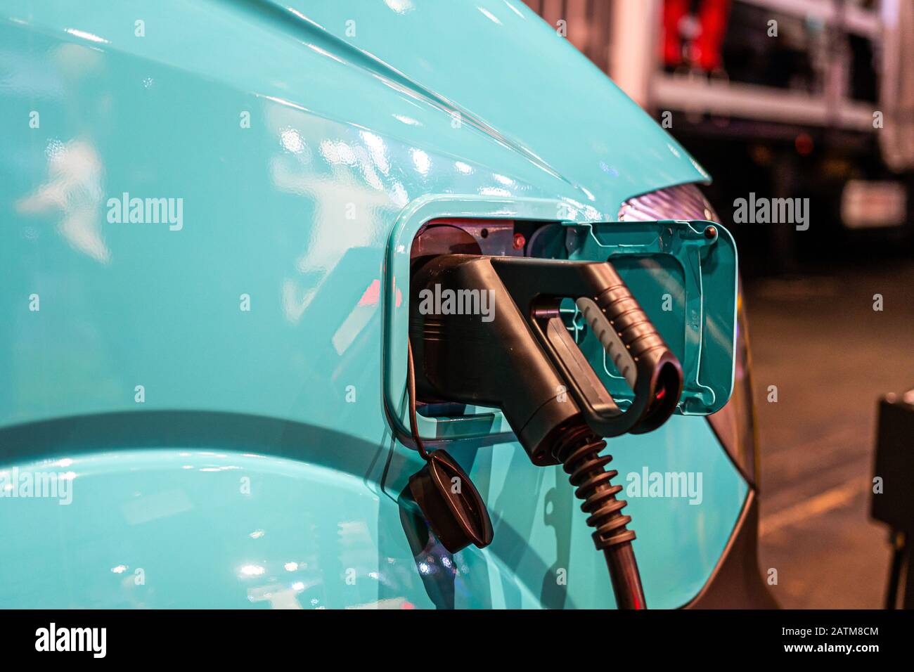 Power supply for electric car charging. Electric car charging station. Close up of the power
