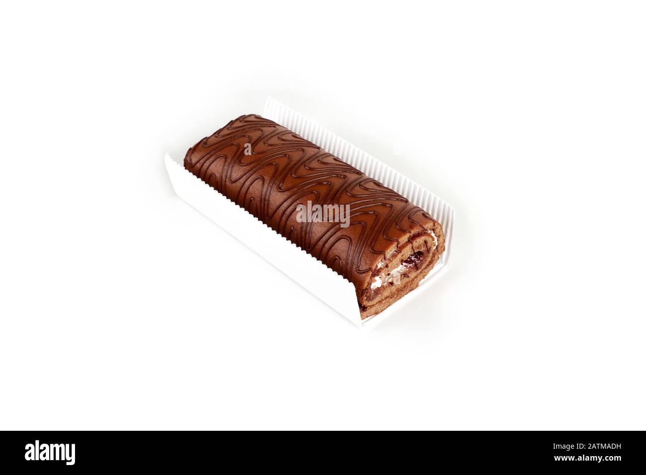 Chocolate biscuit roll cake in package, isolated on white background