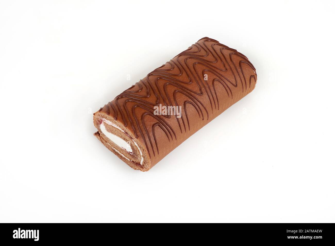 Chocolate biscuit roll cake isolated on white background Stock Photo