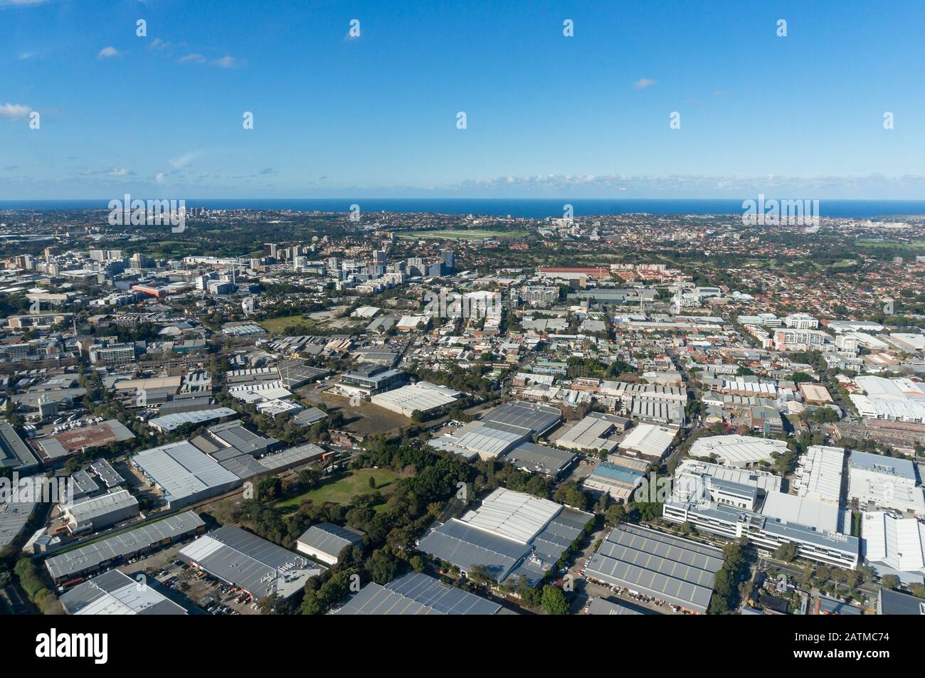 Sydney cityscape aerial view. Sydney suburbs with warehouses
