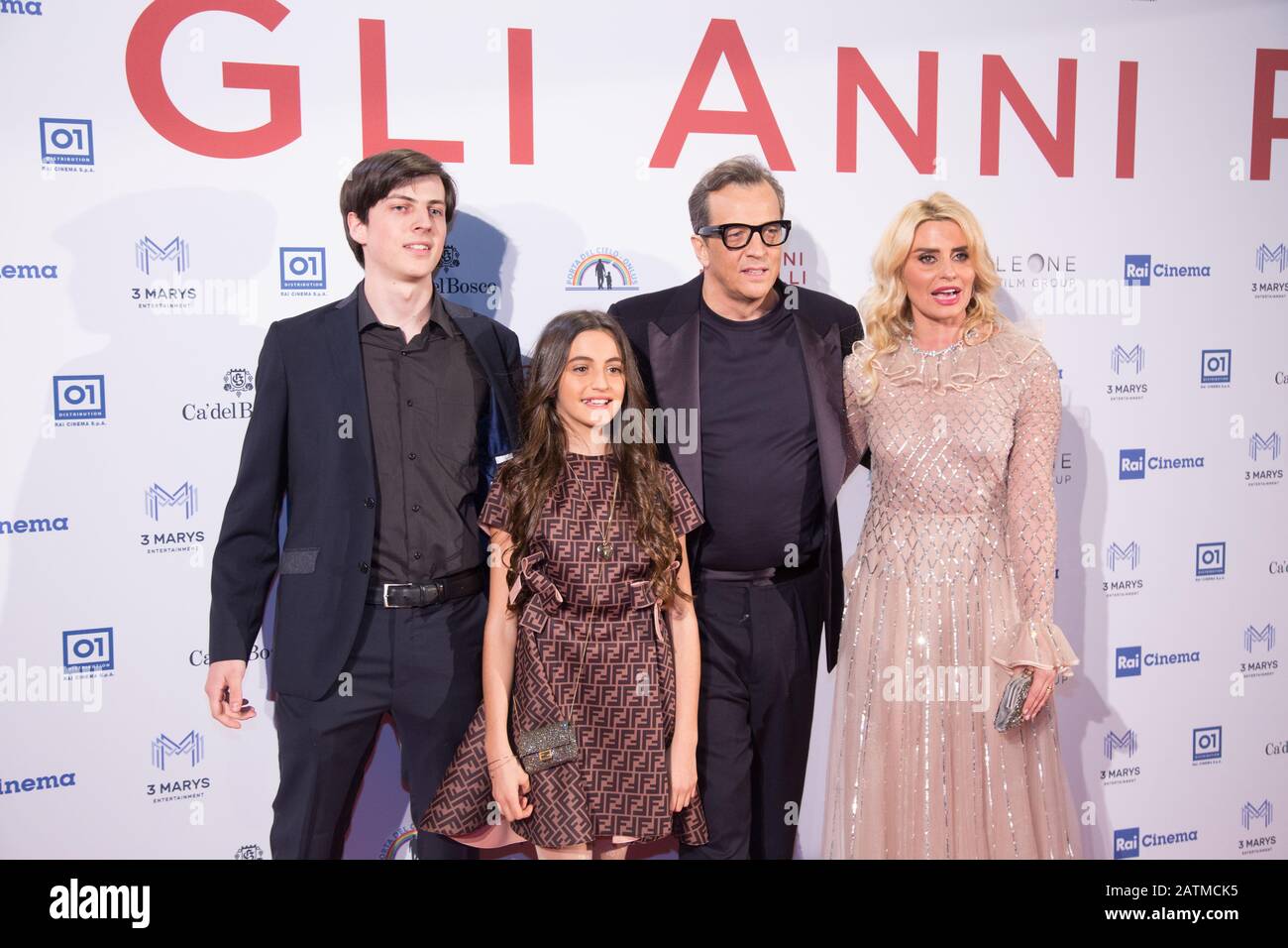 Roma, Italy. 03rd Feb, 2020. Gabriele Muccino and his wife Angelica Russo  and his son and daughter Penelope Red Carpet for the premiere of the Italian  film "Gli Anni Più Belli" at