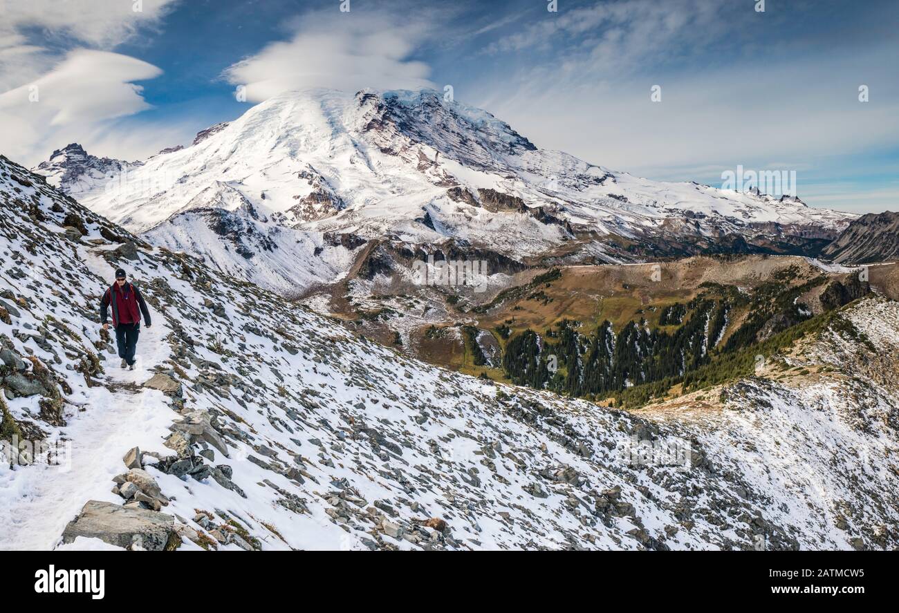 Mount Rainier, hiker on Mount Fremont Trail, late September, Mount