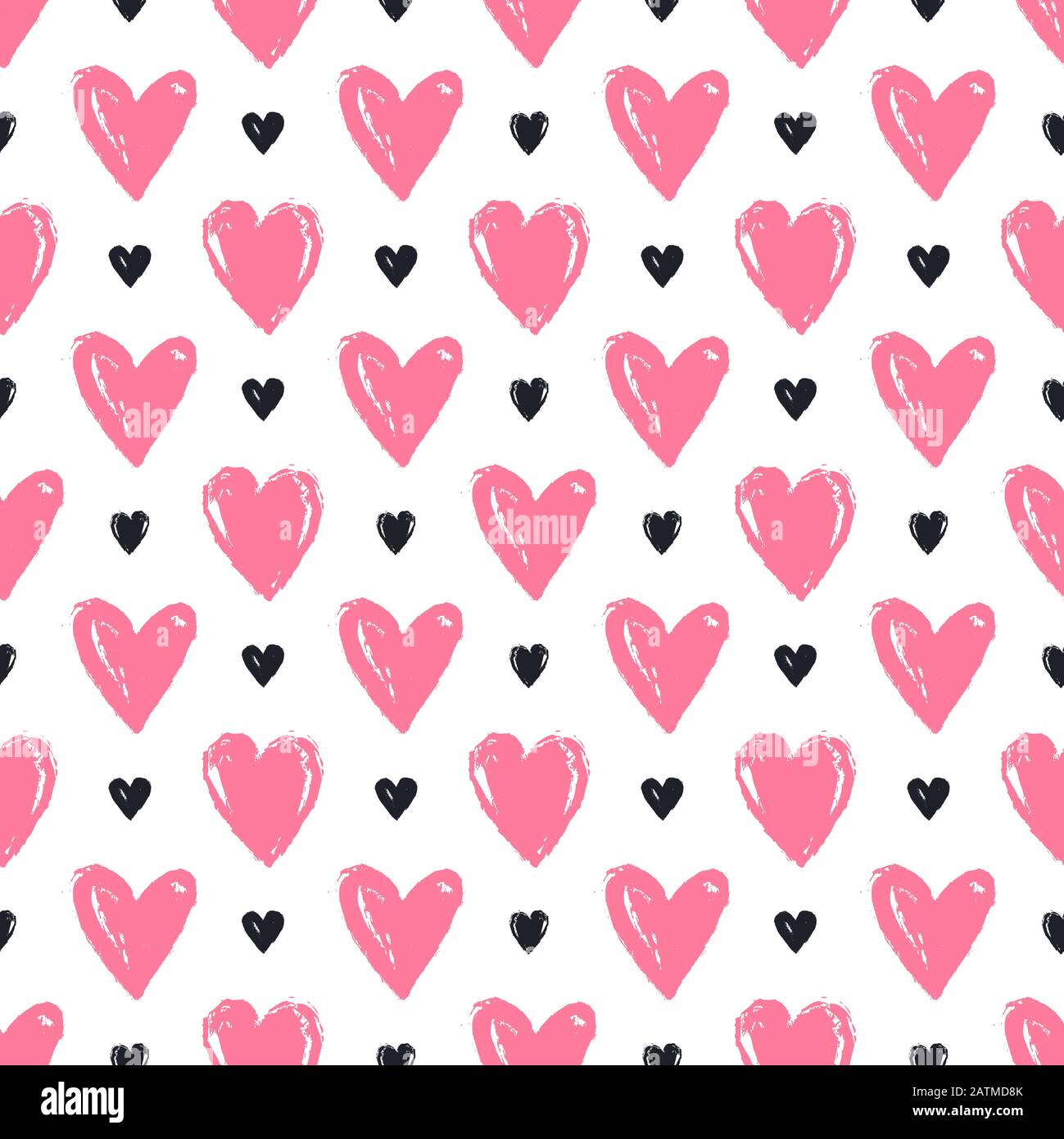 Seamless pattern with hand drawn hearts. White background and painted pink and black hearts. Romantic vector illustration for love, wedding or Valenti Stock Vector