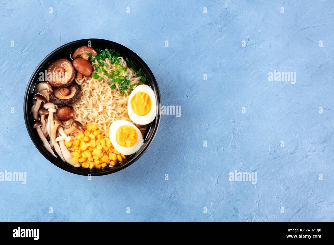 Ramen noodle soup. Soba with eggs, shiitake and enoki mushrooms