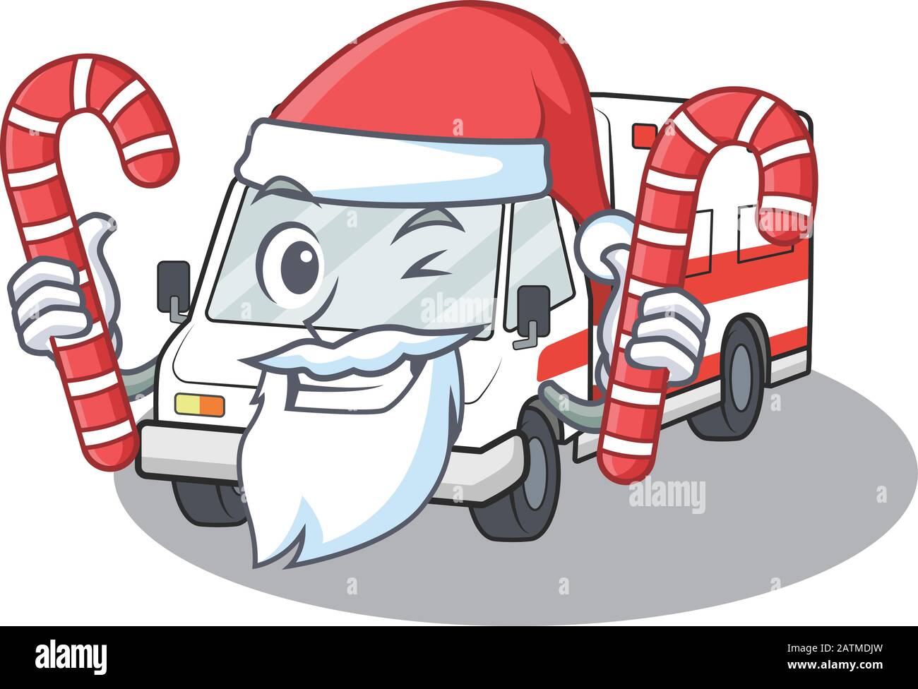 Ambulance Cartoon character in Santa costume with candy Stock Vector