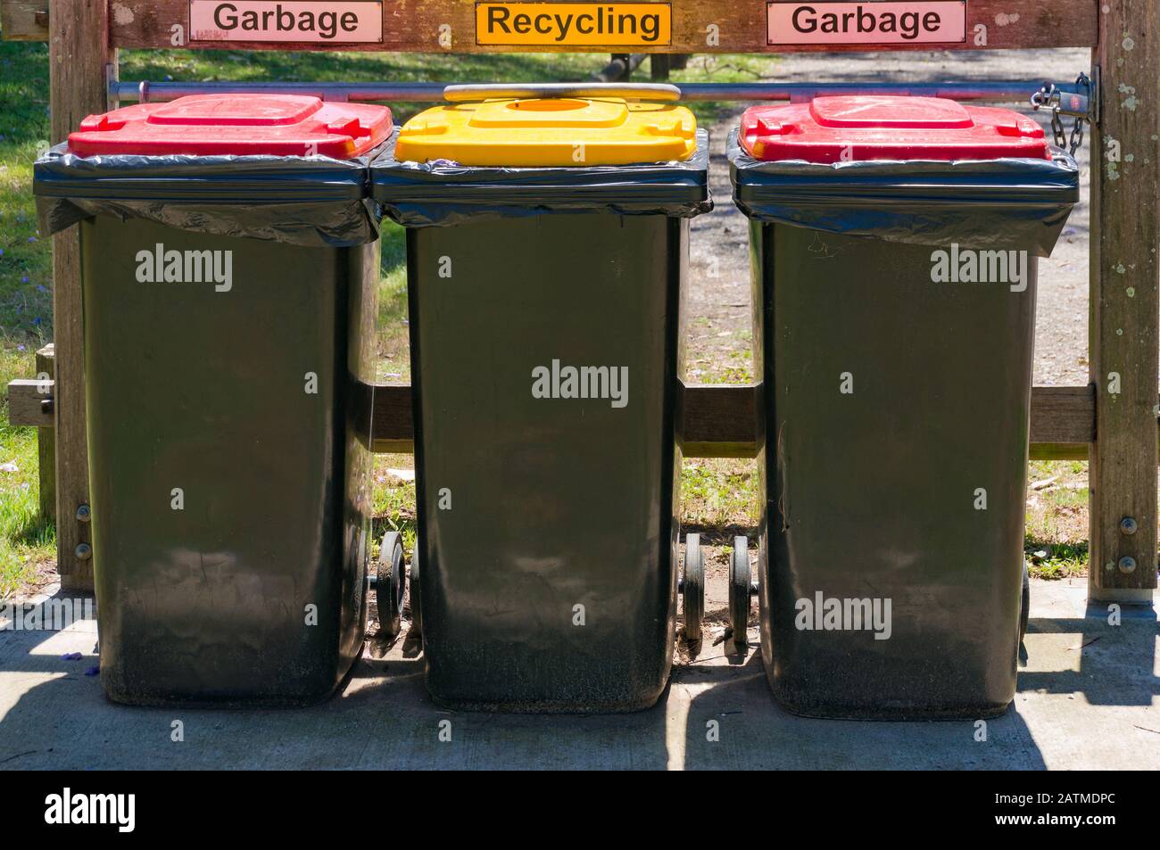 Sydney, Australia - November 12, 2016: Outdoors kerbside rubbish bins ...