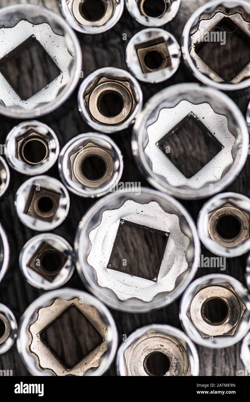 Socket wrench tool heads for loosening screws, bolts and nuts. Top View