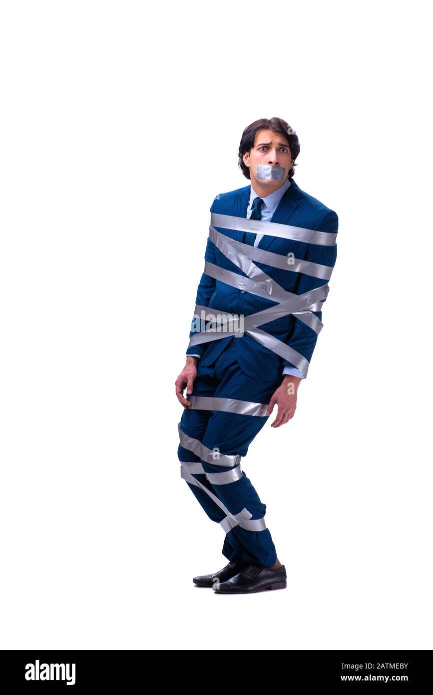 The tied employee with tape on mouth isolated on white Stock Photo