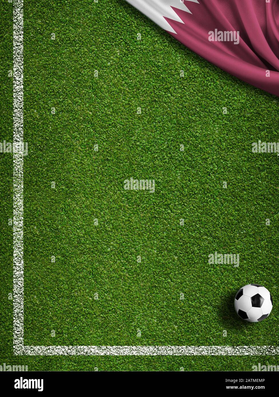 Soccer field corner, ball and Qatar flag 3d illustration Stock Photo
