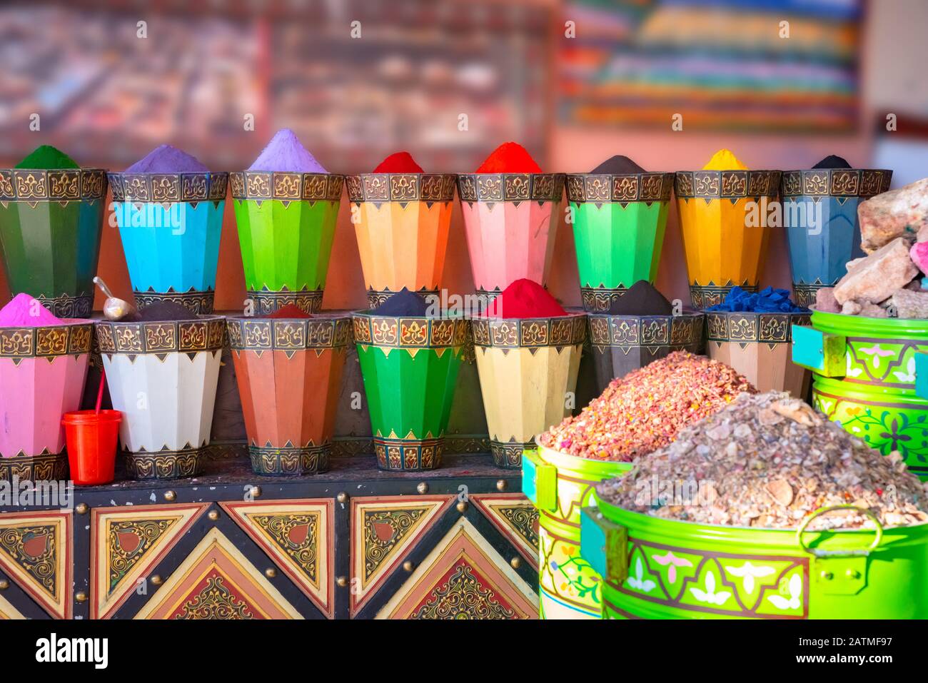 Spices and herbs being sold on street stal at Marrakech traditional market, Morocco. Stock Photo