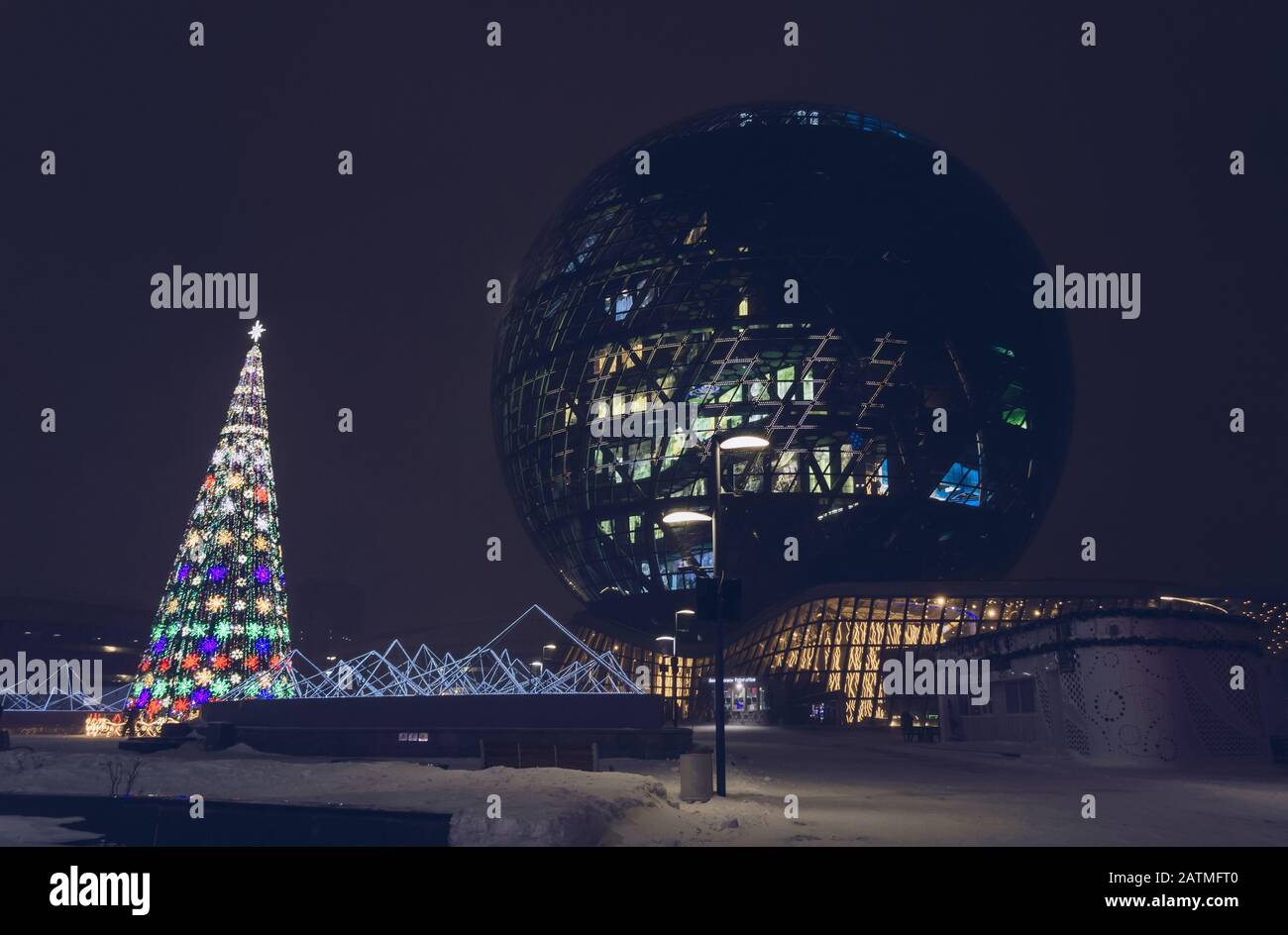 Nur Sultan Kazakhstan 02 January Night View Of Expo Centre Astana And Illuminated Christmas Tree Stock Photo Alamy