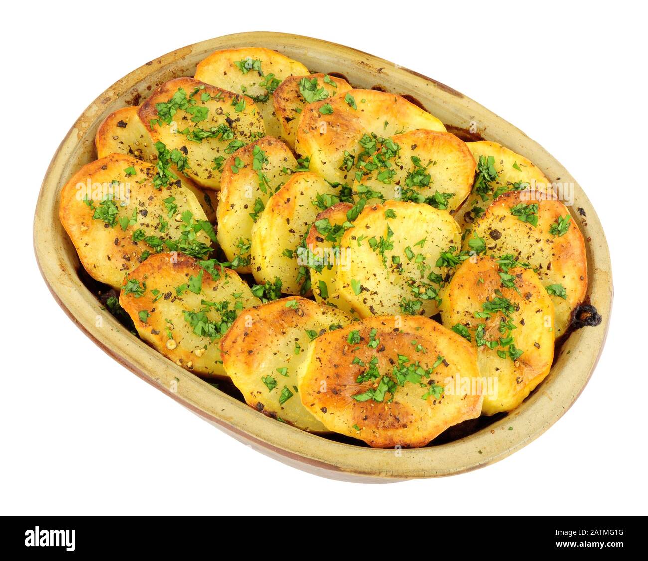 Traditional potato topped Lancashire hotpot isolated on a white background Stock Photo