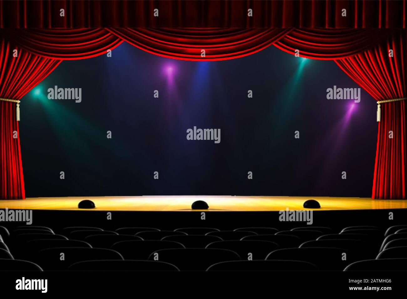 Theatre curtain and lighting on stage. Illustration of the curtain of