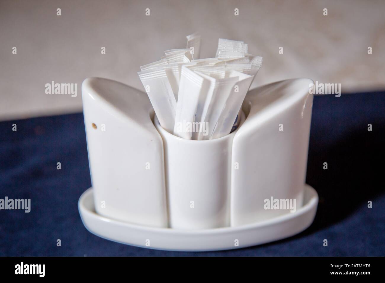 Toothpick. Ceramic pepper pot, salt shaker, toothpicks in paper