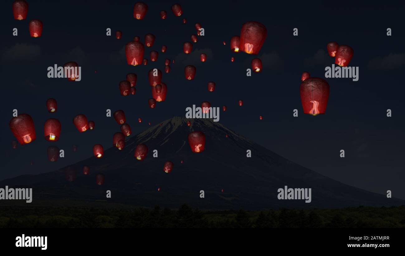 The fire paper lanterns in the night sky with nice background Stock