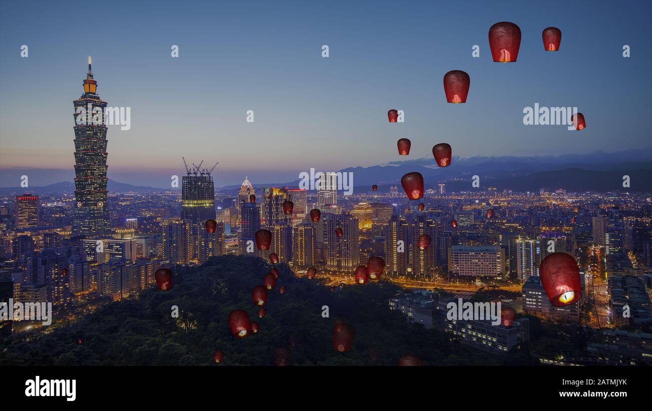 The fire paper lanterns in the night sky with nice background Stock