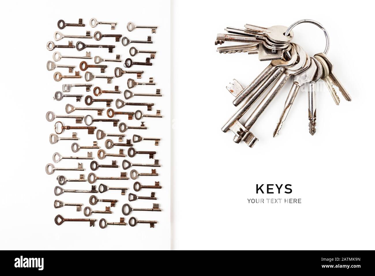 Keys on key ring creative layout isolated on white background. Design element, top view, flat lay. Security concept Stock Photo
