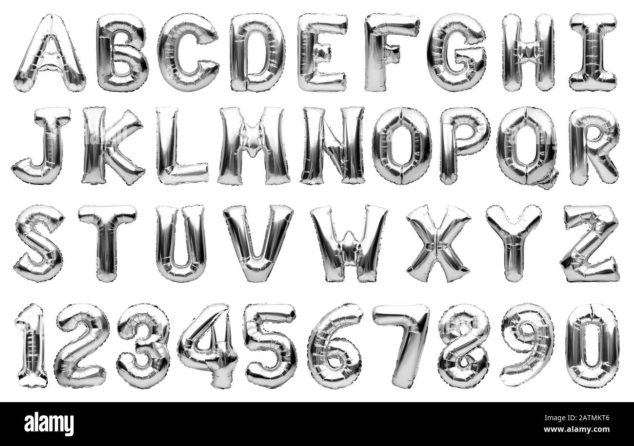 English alphabet and numbers made of silver inflatable helium balloons isolated on white. Silver foil balloon font, full alphabet set of upper case Stock Photo