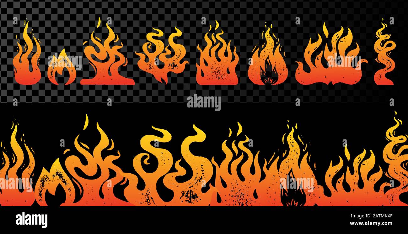 Set of flame and fire on transparent background. Hand drawn engraved monochrome color bonfire. Isolated vintage sketch. Vector illustration for Stock Vector