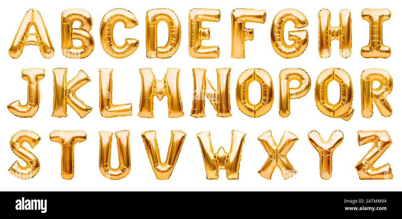 English alphabet made of golden inflatable helium balloons isolated on  white. Gold foil balloon font, full alphabet set of upper case letters  Stock Photo - Alamy