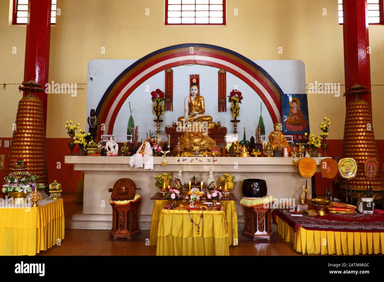 Inner view of the Thai Temple, the Hinayana Buddha temple at Sarnath with the statue of Lord Buddha & others. Stock Photo