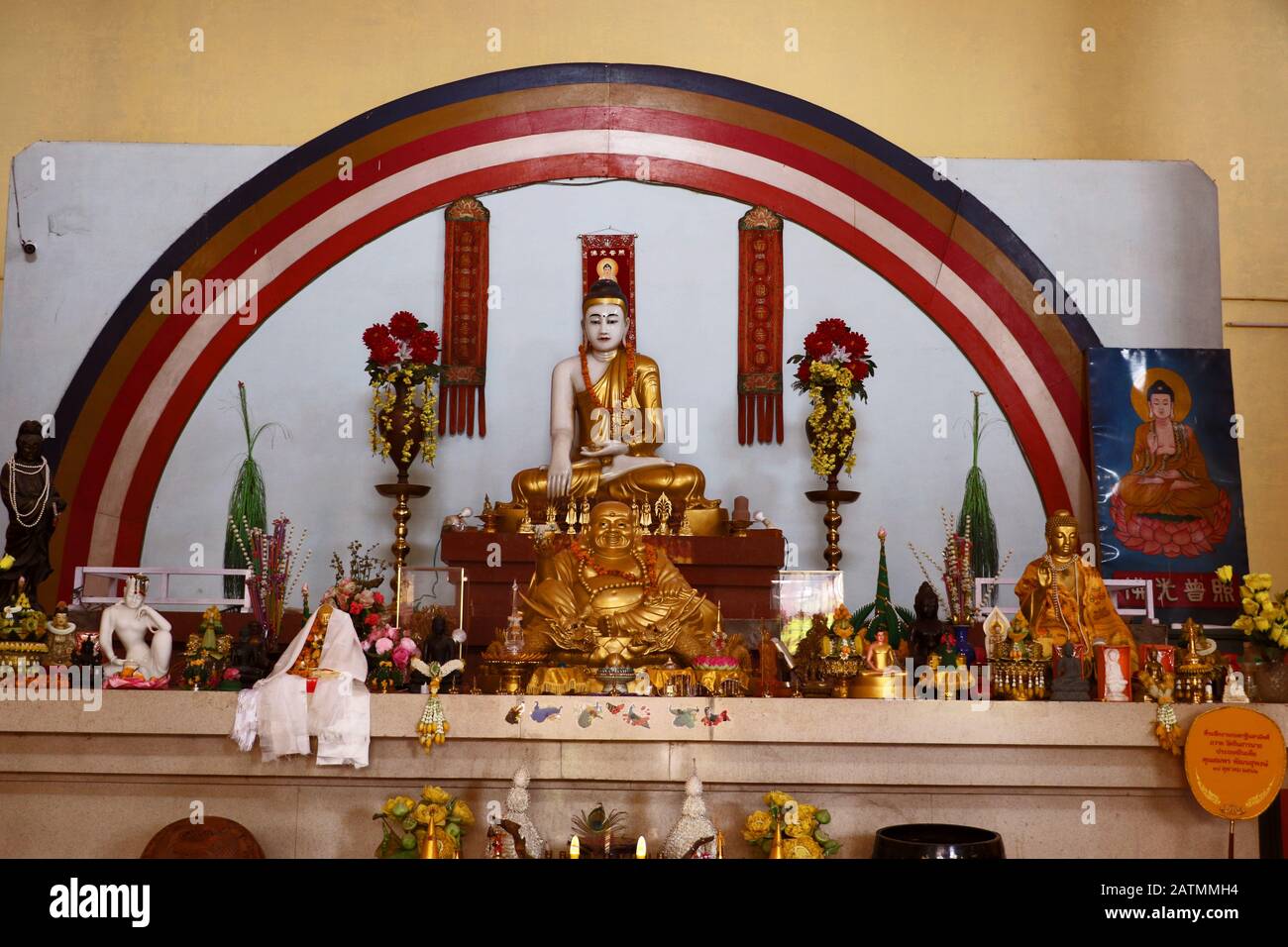 Inner view of the Thai Temple, the Hinayana Buddha temple at Sarnath with the statue of Lord Buddha & others. Stock Photo