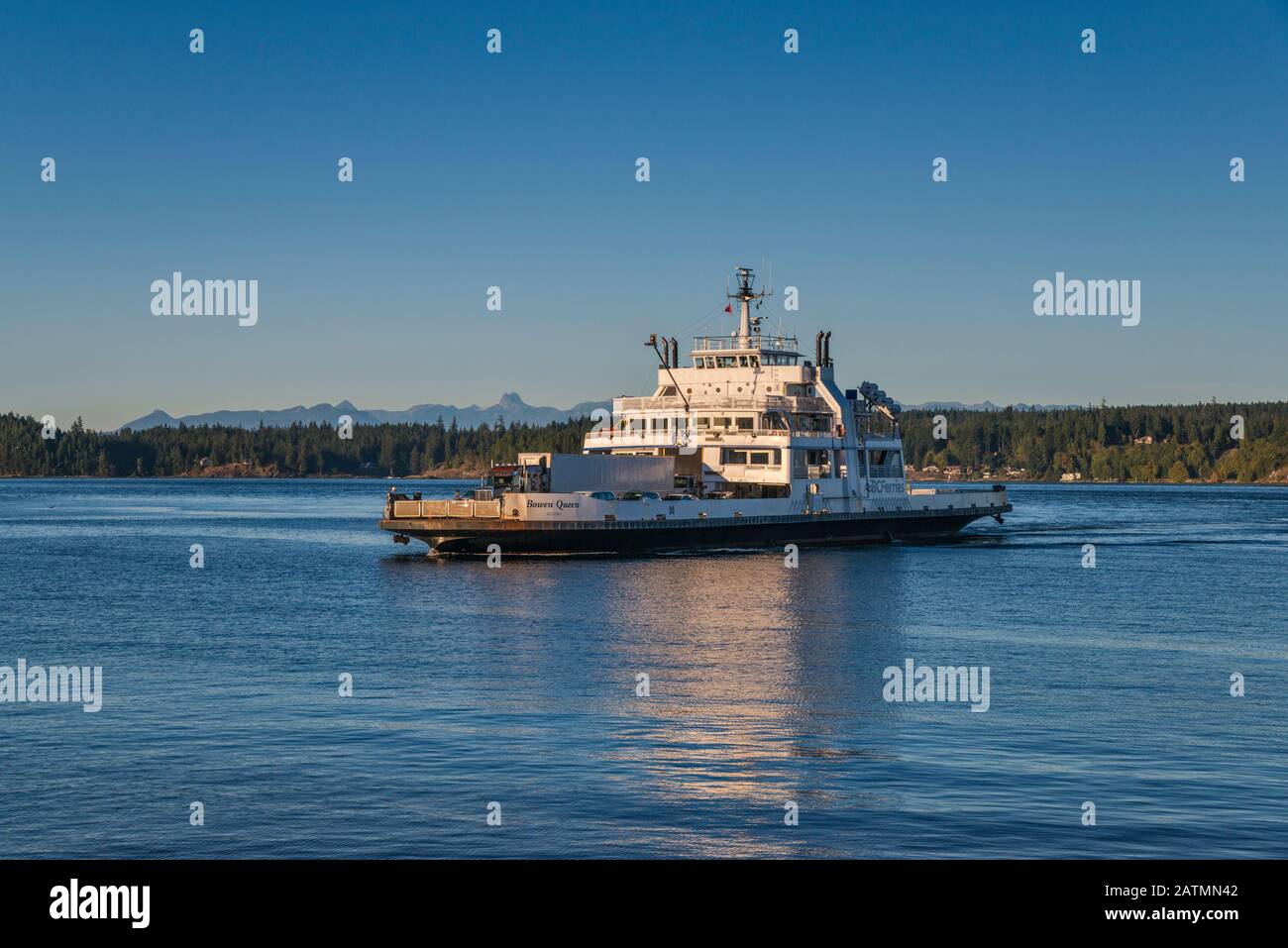 Bowen Queen, ferry coming across Discovery Passage from Quathiaski Cove on Quadra Is. to Campbell River on Vancouver Island, British Columbia, Canada Stock Photo