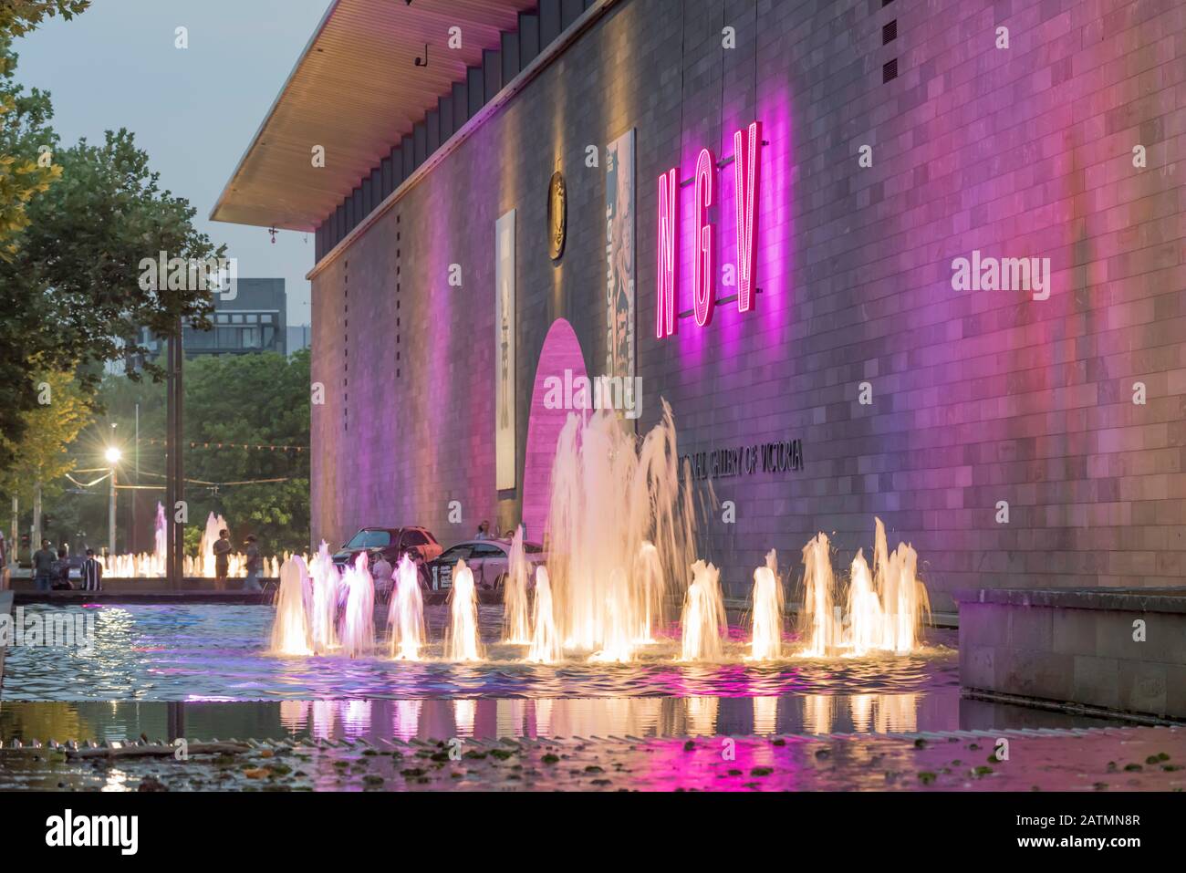 Evening at the entrance to the National Gallery of Victoria (NGV) in Melbourne that houses the oldest and largest art collection in Australia Stock Photo