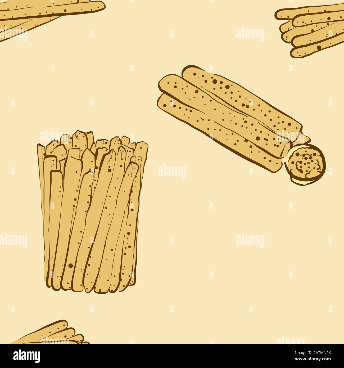 Seamless pattern of sketched Breadstick bread. Useable for wallpaper or any sized decoration. Handdrawn Vector Illustration Stock Vector