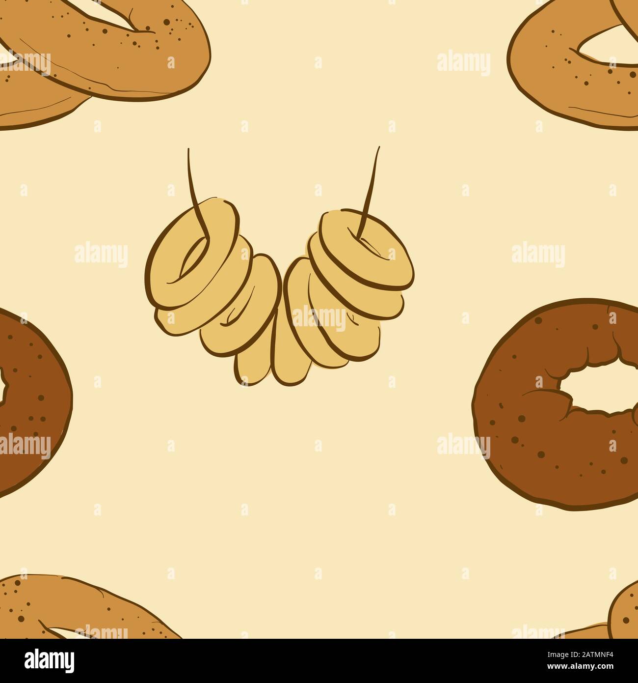 Seamless pattern of sketched Bublik bread. Useable for wallpaper or any sized decoration. Handdrawn Vector Illustration Stock Vector