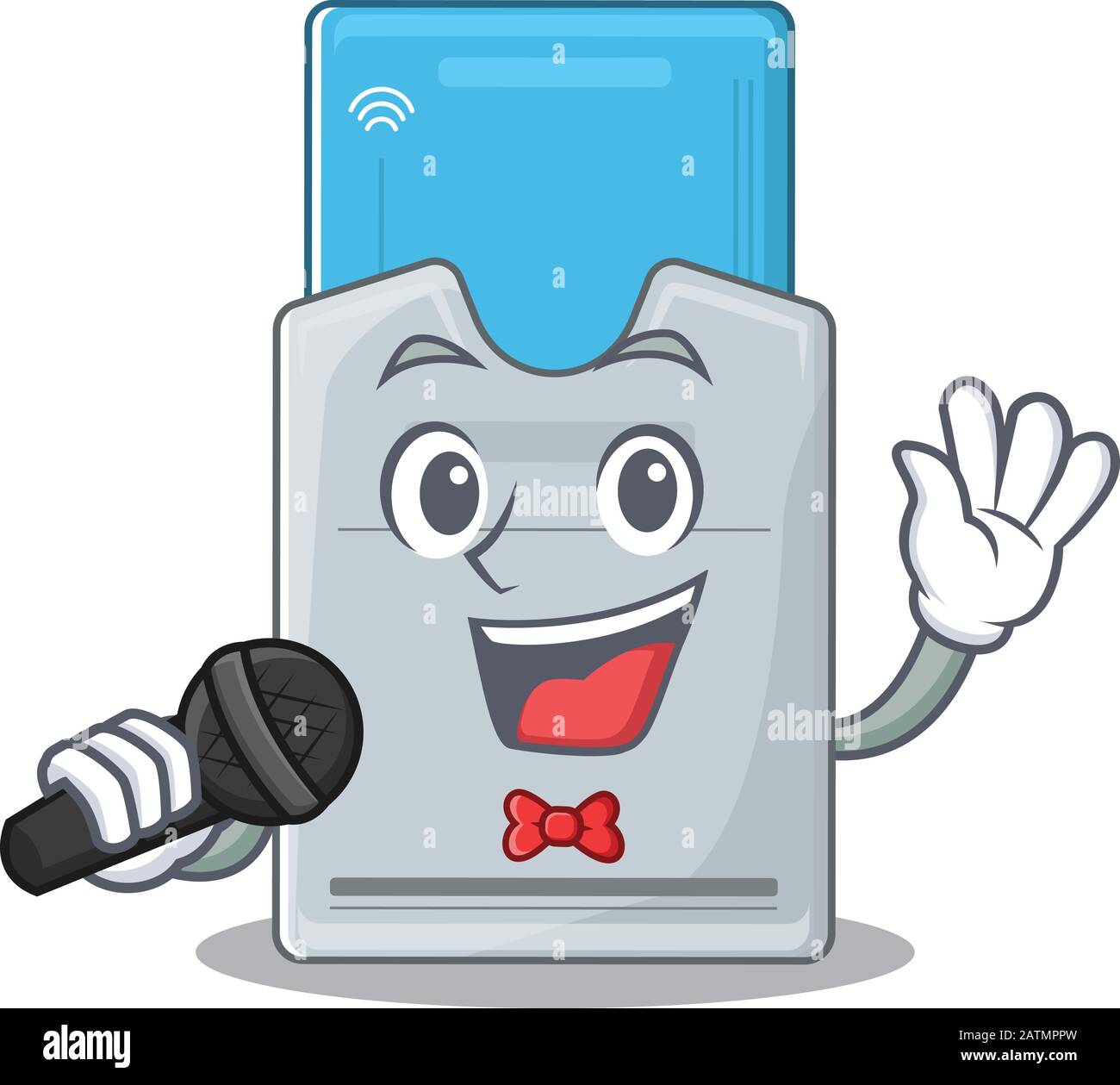 Happy key card singing on a microphone Stock Vector