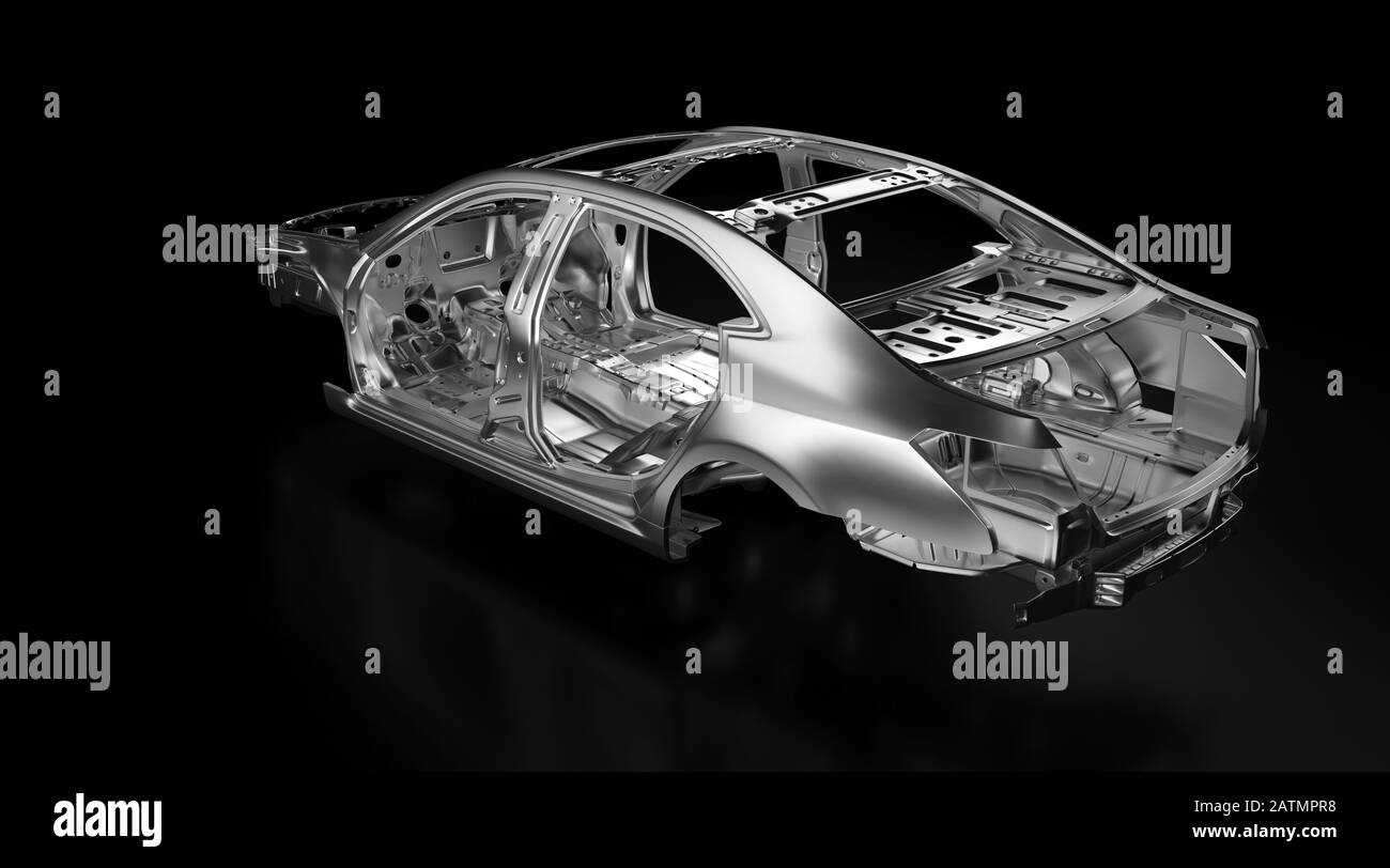 Side view of production sedan car stainless steel or aluminium body and chassis frame. Metallic vehicle framing base isolated against black background Stock Photo