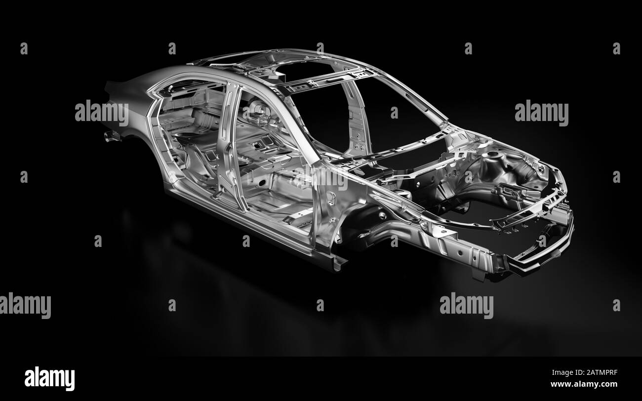 Side view of production sedan car stainless steel or aluminium body and chassis frame. Metallic vehicle framing base isolated against black background Stock Photo