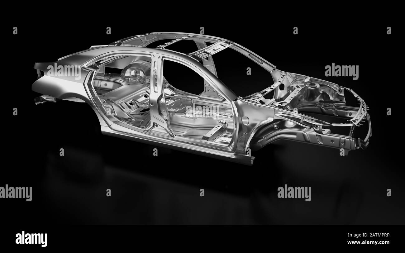 Side view of production sedan car stainless steel or aluminium body and chassis frame. Metallic vehicle framing base isolated against black background Stock Photo